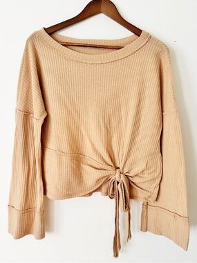 Peach Love California Beige Tie-Front Waffle Knit Long Sleeve Top M/L
